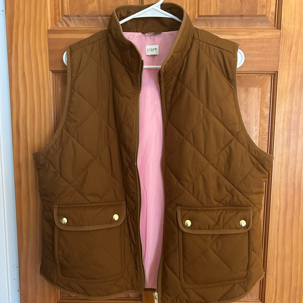 J. Crew Brown Quilted Vest with Pink Interior